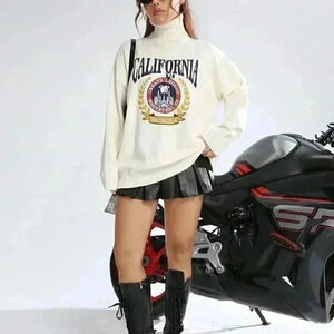 Beige Casual Womens Letter Graphic Turtleneck Drop Shoulder Sweater